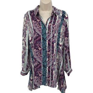 Chico's Womens Purple Paisley Print Shark Bite Hem Hidden Button Tunic Size 8/10